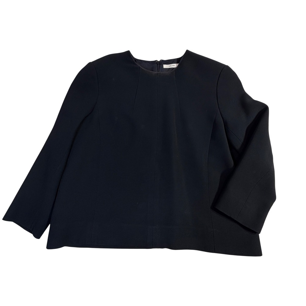 Celine Viscose Blouse – 44 (12) Black Pleated Round Neck Top